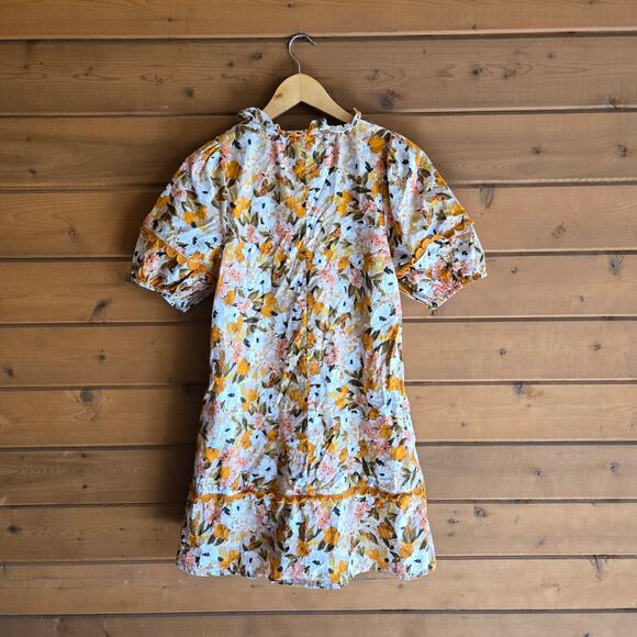 Entro Floral Mini Dress Boho Puff Sleeve Ruffled Vneck Scallop Prairie S Garden - Picture 3 of 5
